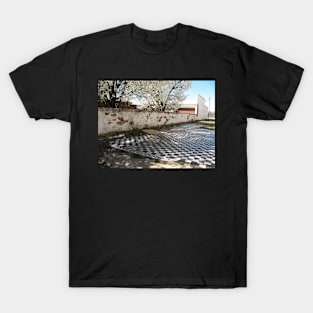 White Blooming Tree Over Checkerboard Tile T-Shirt